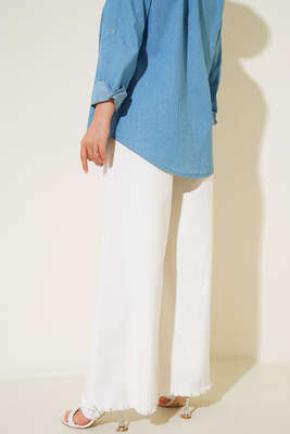 Beli İp Bağlamalı Paçası Yırtık Detaylı Pantolon Ekru - Thumbnail