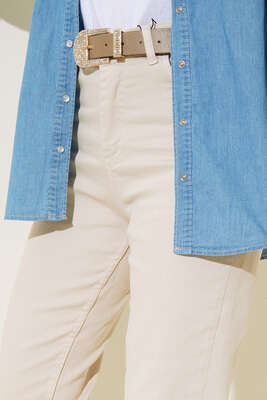 Mom Dar Paça Pantolon Taş - Thumbnail