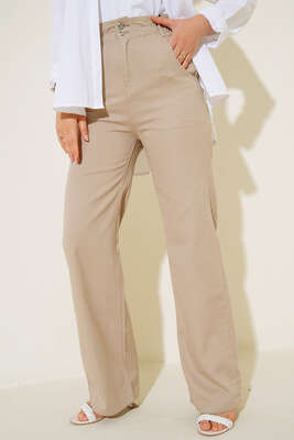 Yüksek Bel Lastikli Salaş Pantolon Taş - Thumbnail