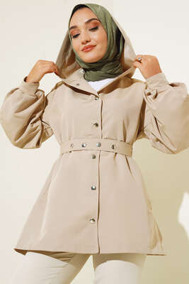 Kapşonlu Çıt Çıt Kısa Trenç Bej - Thumbnail