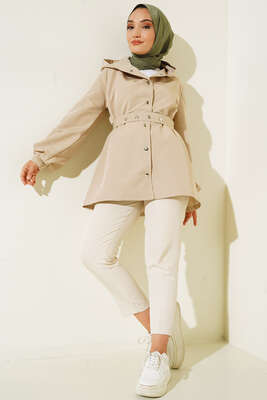 Kapşonlu Çıt Çıt Kısa Trenç Bej - Thumbnail