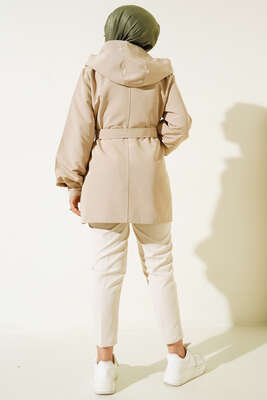 Kapşonlu Çıt Çıt Kısa Trenç Bej - Thumbnail