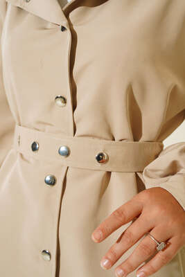 Kapşonlu Çıt Çıt Kısa Trenç Bej - Thumbnail