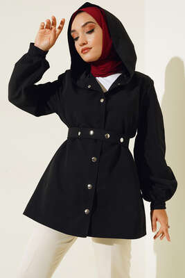 Pazarium - Kapşonlu Çıt Çıt Kısa Trenç Siyah
