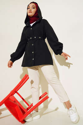 Kapşonlu Çıt Çıt Kısa Trenç Siyah - Thumbnail