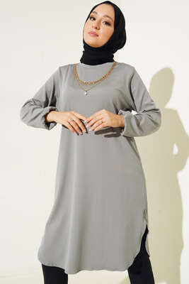 Kol Lastikli Kolyeli Tunik Gri - Thumbnail