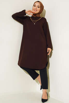 Kol Lastikli Kolyeli Tunik Kahve - Thumbnail