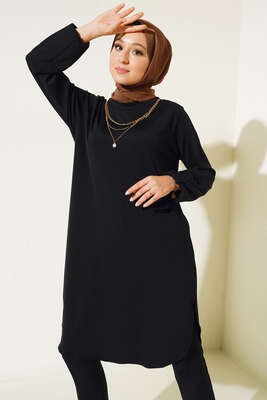 Kol Lastikli Kolyeli Tunik Siyah - Thumbnail