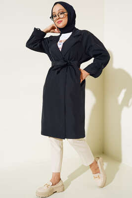 Pazarium - İki Düğmeli Bel Kuşaklı Trençkot Lacivert