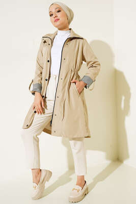 Bel Lastikli Uzun Trenç Bej - Thumbnail