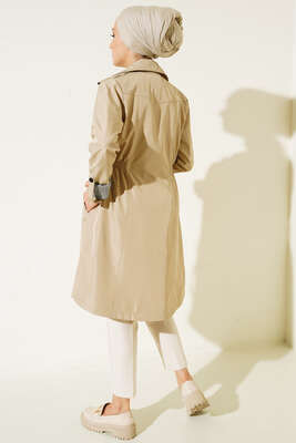 Bel Lastikli Uzun Trenç Bej - Thumbnail