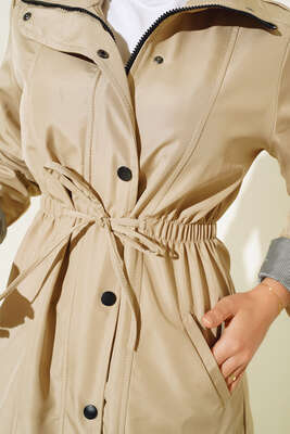 Bel Lastikli Uzun Trenç Bej - Thumbnail