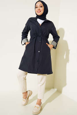 Bel Lastikli Uzun Trenç Lacivert - Thumbnail