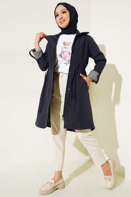 Bel Lastikli Uzun Trenç Lacivert - Thumbnail