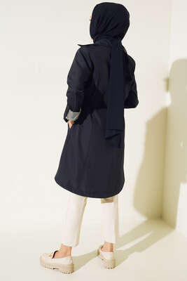 Bel Lastikli Uzun Trenç Lacivert - Thumbnail