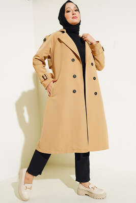 Omuz Düğmeli Araboy Trenç Camel - Thumbnail