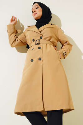 Omuz Düğmeli Araboy Trenç Camel - Thumbnail