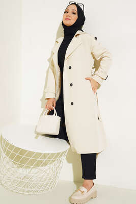 Omuz Düğmeli Araboy Trenç Ekru - Thumbnail