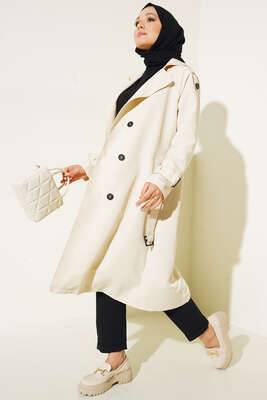 Omuz Düğmeli Araboy Trenç Ekru - Thumbnail