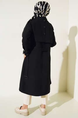 Omuz Düğmeli Araboy Trenç Siyah - Thumbnail