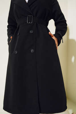 Omuz Düğmeli Araboy Trenç Siyah - Thumbnail