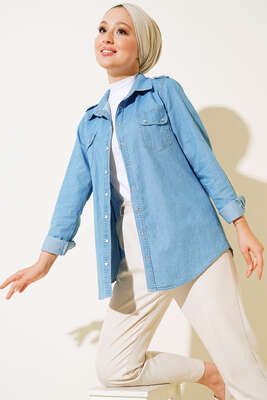 Düğmeli Kot Tunik Kot Mavisi - Thumbnail