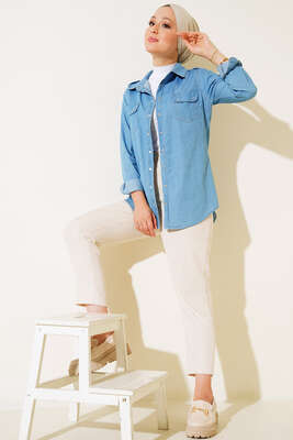 Düğmeli Kot Tunik Kot Mavisi - Thumbnail