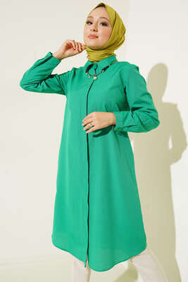 Uzun Model Klasik Yaka Zümrüt Yeşili Tunik - Thumbnail