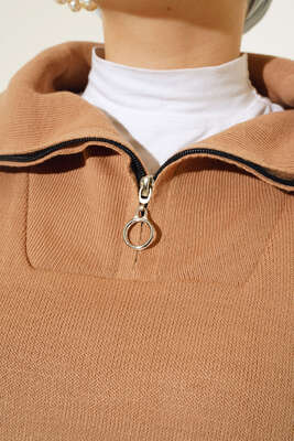 Yaka Fermuar Detaylı Tunik Latte - Thumbnail