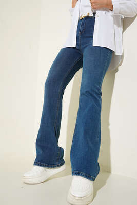 Yüksek Bel İspanyol Paça Pantolon Kot - Thumbnail