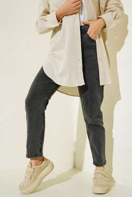 Pazarium - Düz Boyfriend Bondi Siyah Kar Pantolon