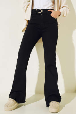 Kemer Görünümlü İspanyol Paça Jean Pantolon Siyah - Thumbnail