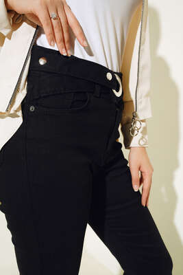 Kemer Görünümlü İspanyol Paça Jean Pantolon Siyah - Thumbnail