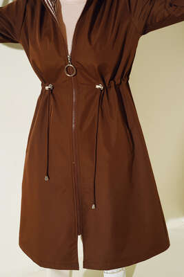 Bileği Çizgili Kapüşonlu Kahve Trençkot - Thumbnail