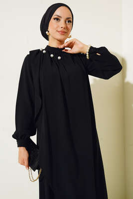 Yakası İncili Elbise Siyah - Thumbnail