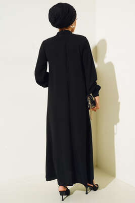 Yakası İncili Elbise Siyah - Thumbnail