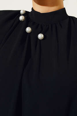 Yakası İncili Elbise Siyah - Thumbnail