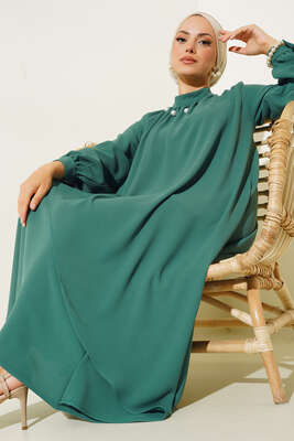 Yakası İncili Elbise Petrol - Thumbnail