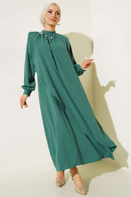 Yakası İncili Elbise Petrol - Thumbnail