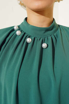 Yakası İncili Elbise Petrol - Thumbnail