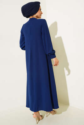 Yakası İncili Elbise Lacivert - Thumbnail