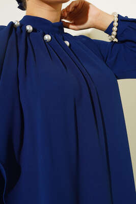 Yakası İncili Elbise Lacivert - Thumbnail