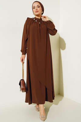 Yakası İncili Elbise Kahve - Thumbnail