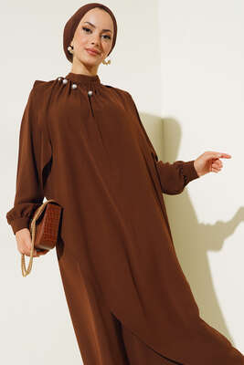 Yakası İncili Elbise Kahve - Thumbnail