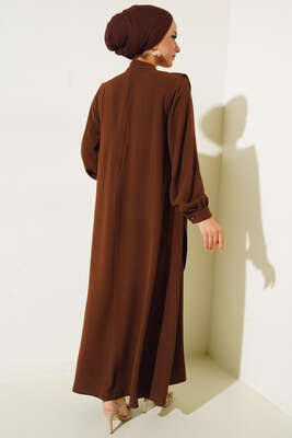 Yakası İncili Elbise Kahve - Thumbnail