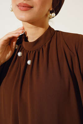 Yakası İncili Elbise Kahve - Thumbnail