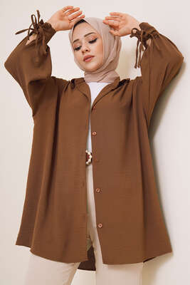 Manşetleri Bağcıklı Ayrobin Gömlek Kahve - Thumbnail