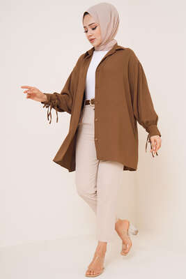 Manşetleri Bağcıklı Ayrobin Gömlek Kahve - Thumbnail