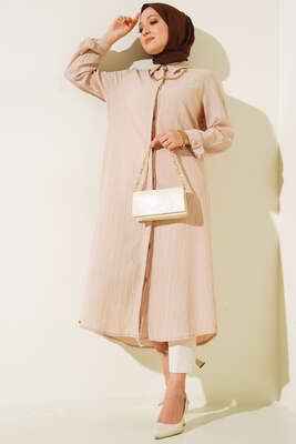 Pazarium - Gizli Pat Uzun Gömlek Bej