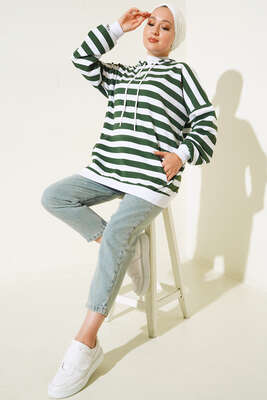 Yatay Çizgili Kapüşonlu Tunik Yeşil - Thumbnail